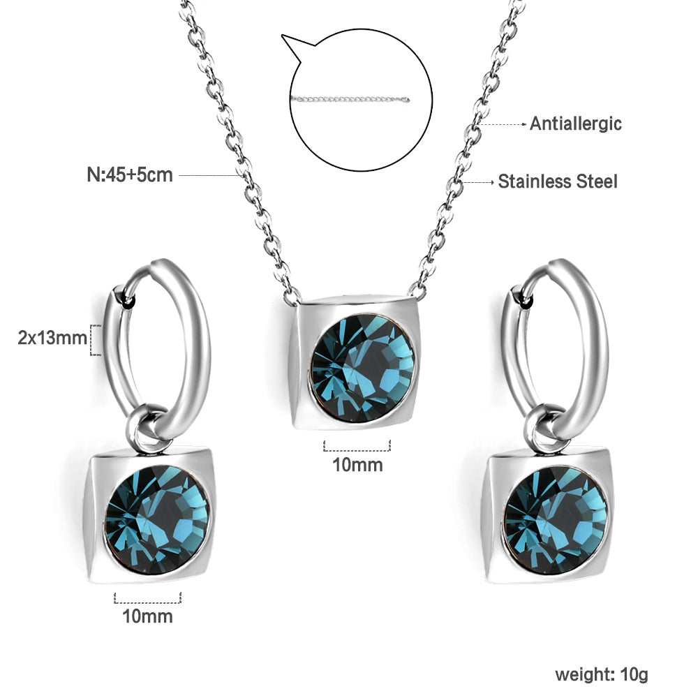 Square with White Pearls & White Diamonds & Red Diamonds & Blue Diamonds & Kong Blue Diamonds Jewelry Set Steel / Gold asonjewelry