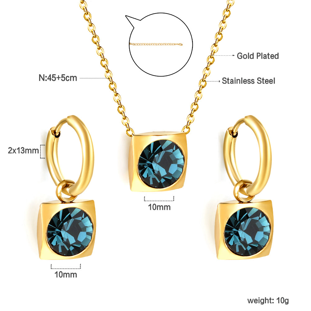 Square with White Pearls & White Diamonds & Red Diamonds & Blue Diamonds & Kong Blue Diamonds Jewelry Set Steel / Gold asonjewelry