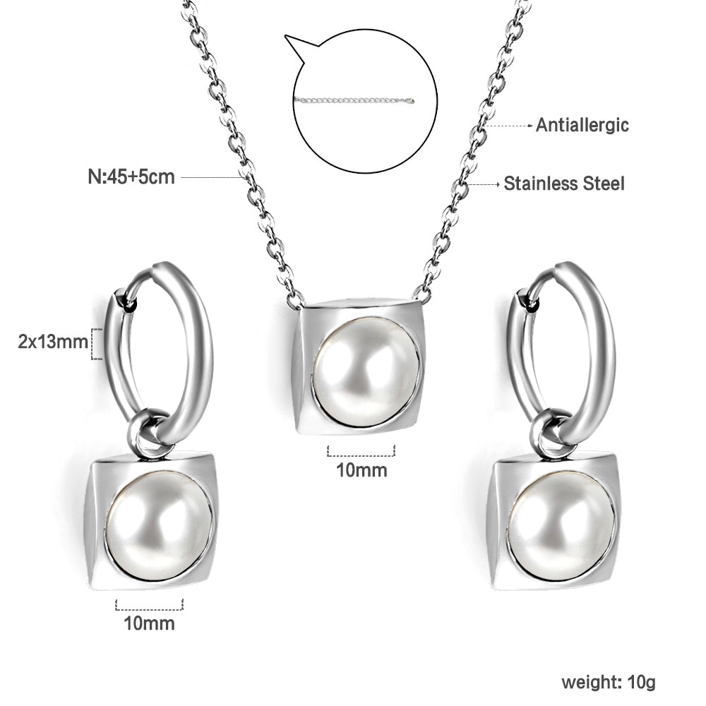 Square with White Pearls & White Diamonds & Red Diamonds & Blue Diamonds & Kong Blue Diamonds Jewelry Set Steel / Gold asonjewelry