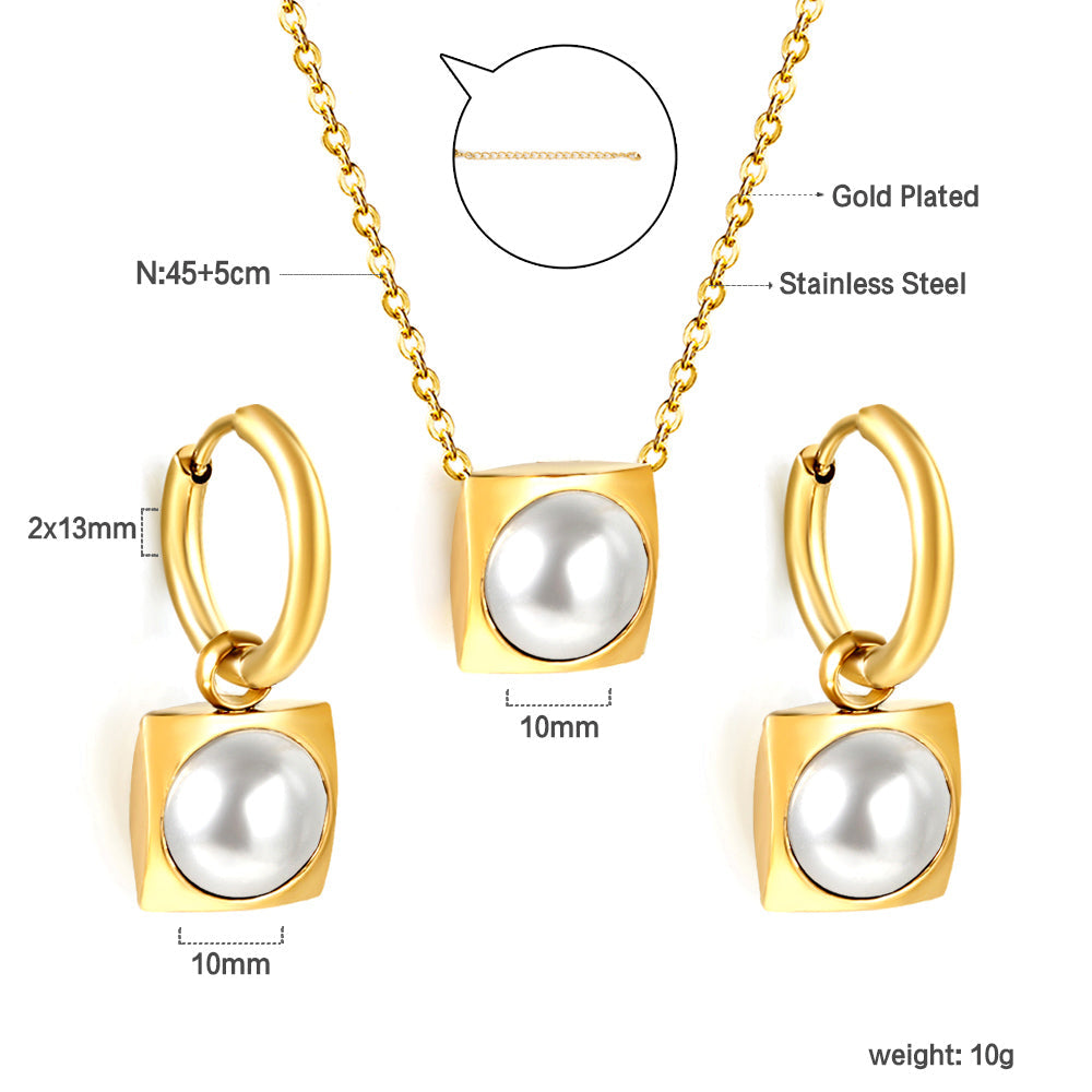 Square with White Pearls & White Diamonds & Red Diamonds & Blue Diamonds & Kong Blue Diamonds Jewelry Set Steel / Gold asonjewelry