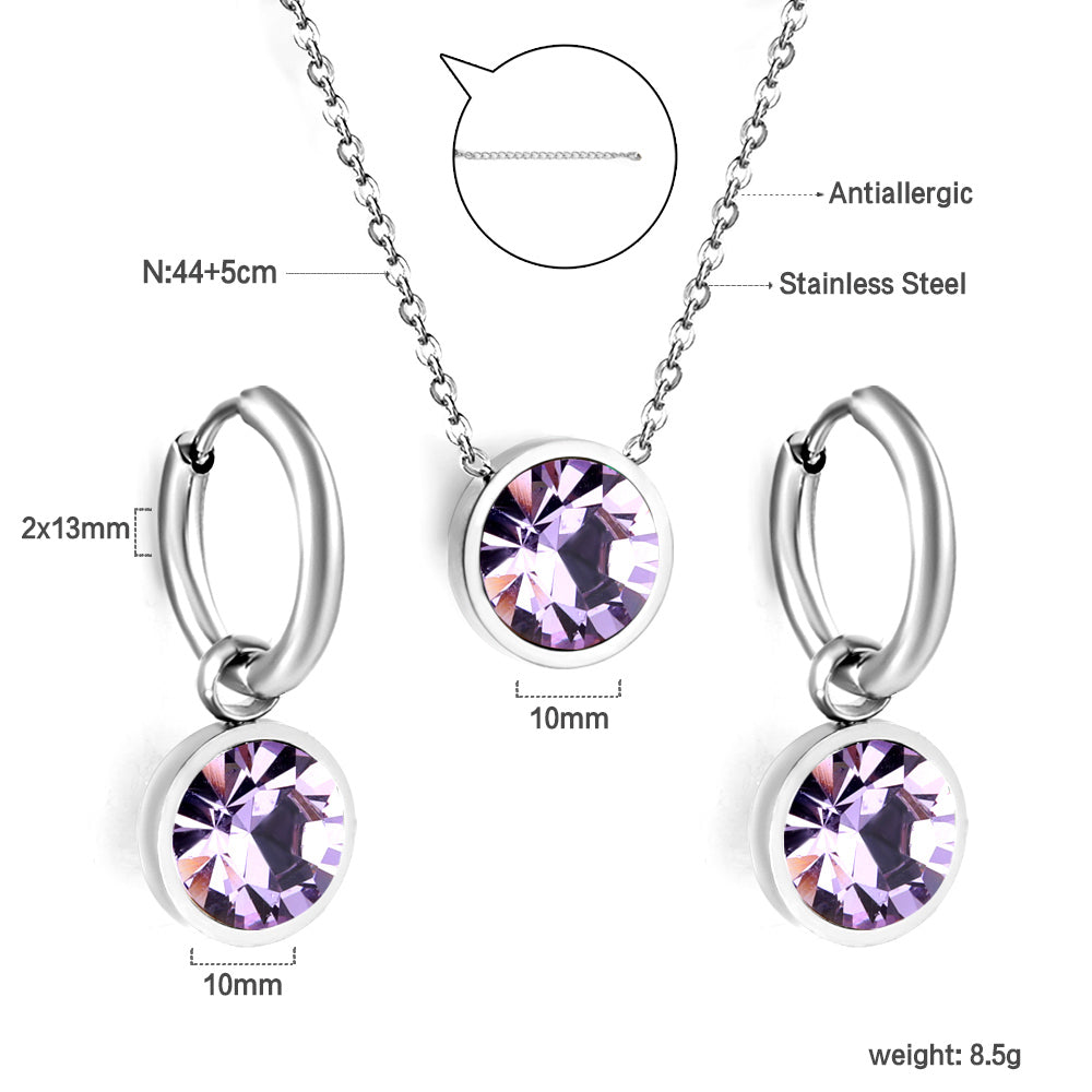 Round with White Pearls & White Diamonds & Purple Diamonds & Blue Diamonds & Green Diamonds Jewelry Set Steel/Golden asonjewelry