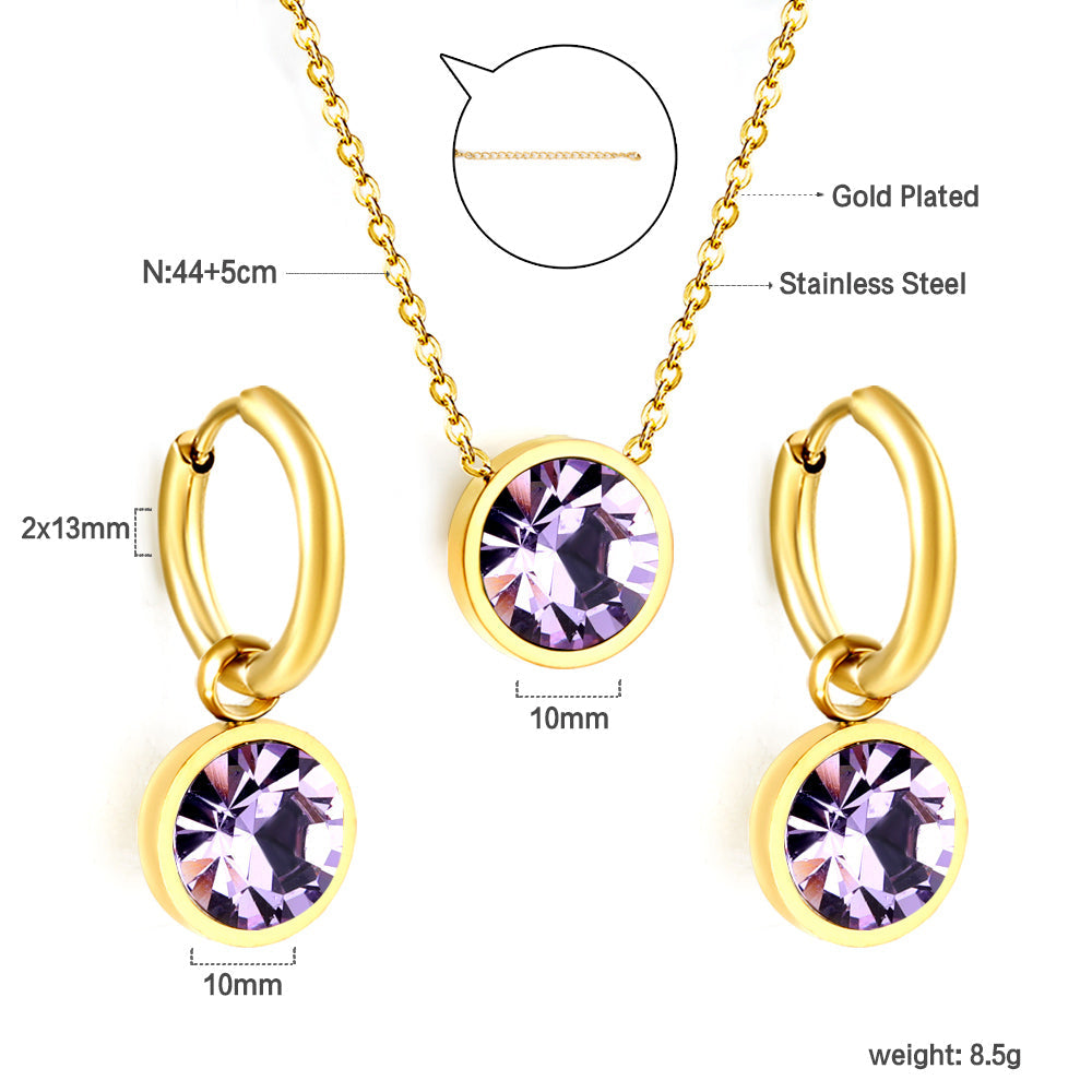 Round with White Pearls & White Diamonds & Purple Diamonds & Blue Diamonds & Green Diamonds Jewelry Set Steel/Golden asonjewelry