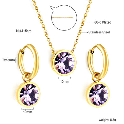 Round with White Pearls & White Diamonds & Purple Diamonds & Blue Diamonds & Green Diamonds Jewelry Set Steel/Golden asonjewelry