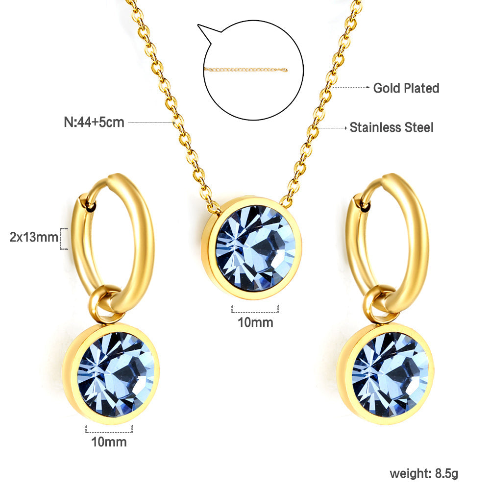 Round with White Pearls & White Diamonds & Purple Diamonds & Blue Diamonds & Green Diamonds Jewelry Set Steel/Golden asonjewelry