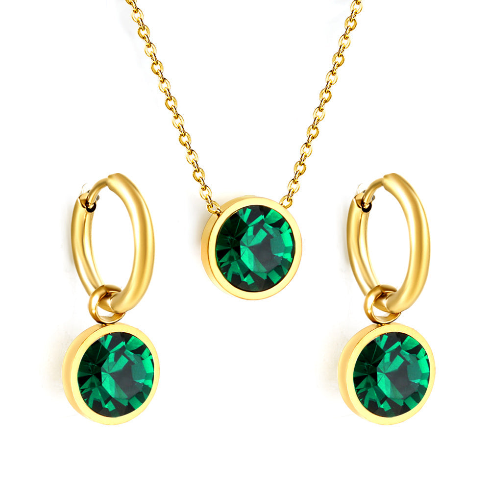 Round with White Pearls & White Diamonds & Purple Diamonds & Blue Diamonds & Green Diamonds Jewelry Set Steel/Golden asonjewelry