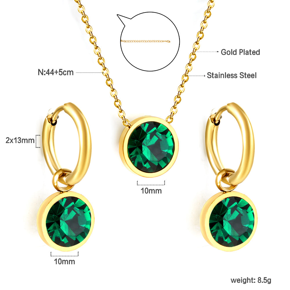 Round with White Pearls & White Diamonds & Purple Diamonds & Blue Diamonds & Green Diamonds Jewelry Set Steel/Golden asonjewelry