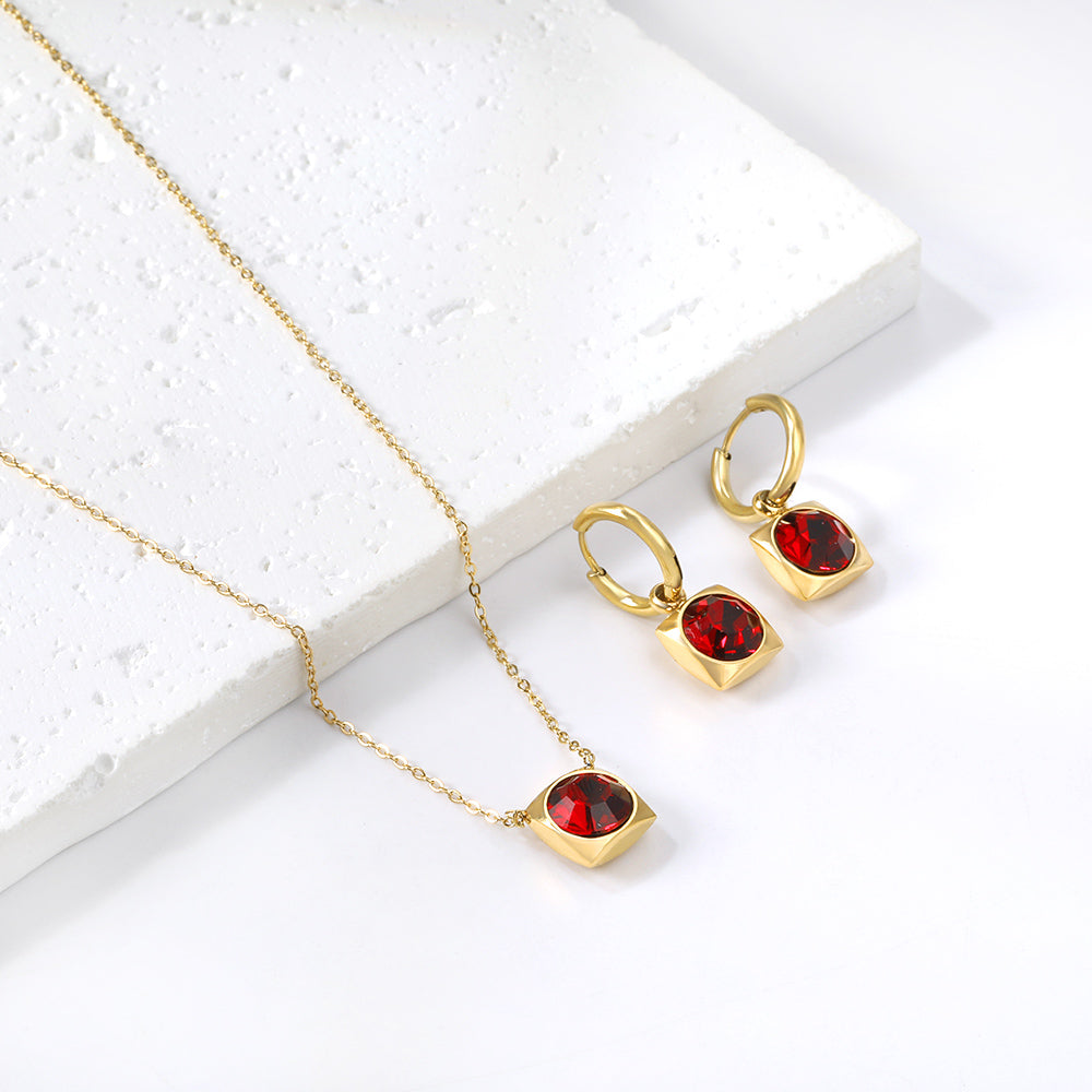 Square with White Pearls & White Diamonds & Red Diamonds & Blue Diamonds & Kong Blue Diamonds Jewelry Set Steel / Gold asonjewelry