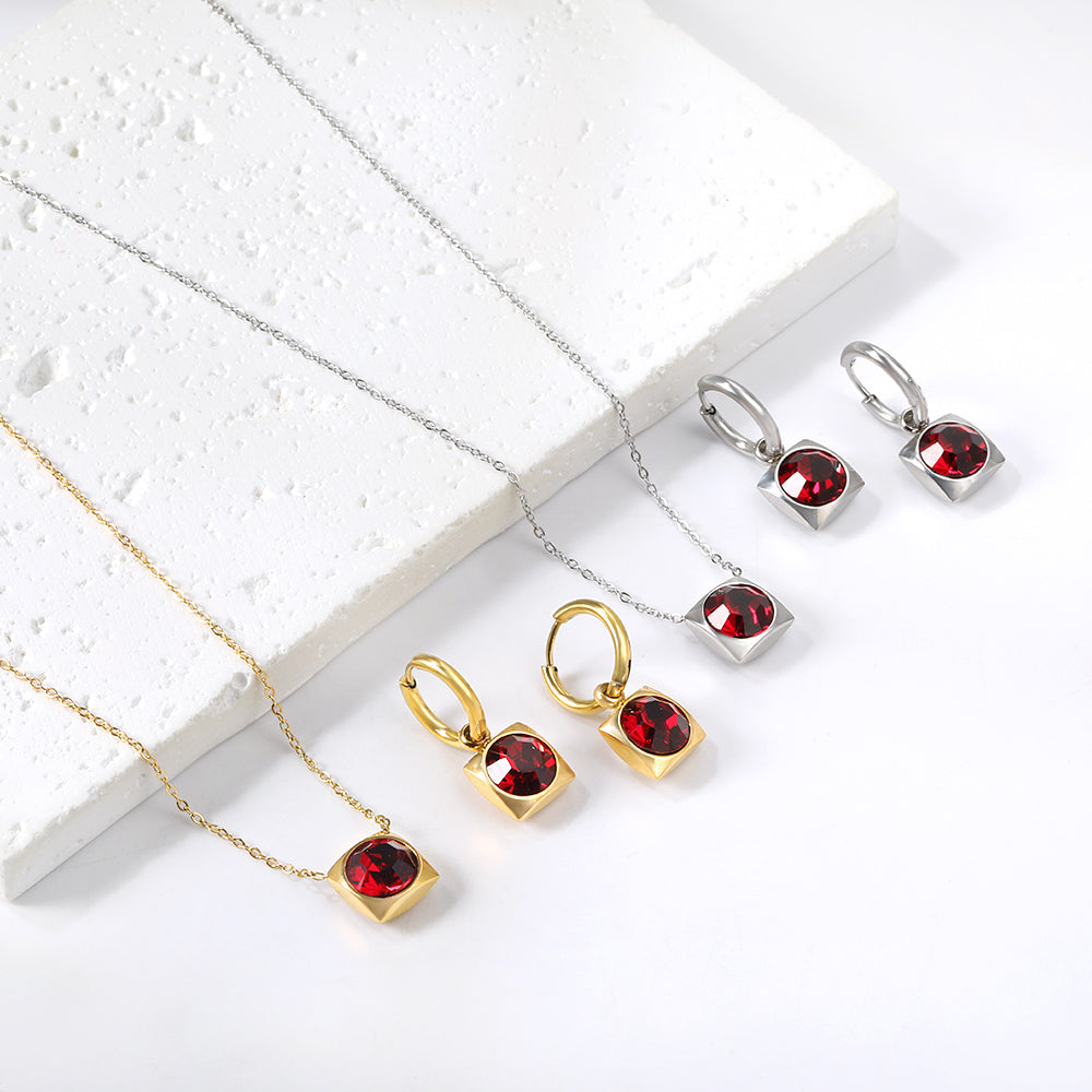 Square with White Pearls & White Diamonds & Red Diamonds & Blue Diamonds & Kong Blue Diamonds Jewelry Set Steel / Gold asonjewelry