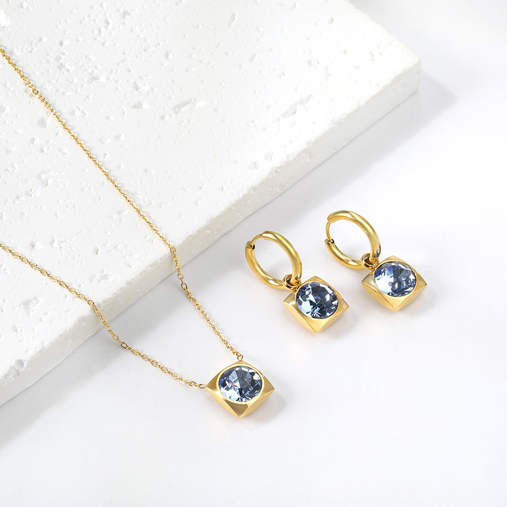 Square with White Pearls & White Diamonds & Red Diamonds & Blue Diamonds & Kong Blue Diamonds Jewelry Set Steel / Gold asonjewelry