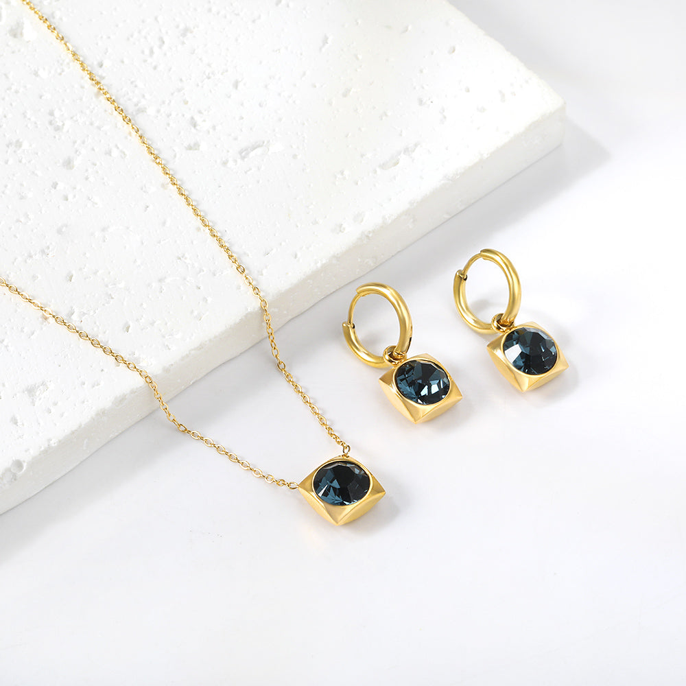 Square with White Pearls & White Diamonds & Red Diamonds & Blue Diamonds & Kong Blue Diamonds Jewelry Set Steel / Gold asonjewelry