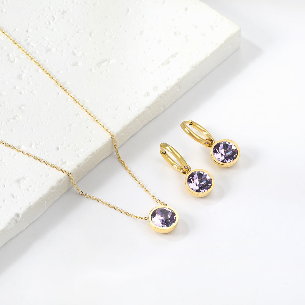 Round with White Pearls & White Diamonds & Purple Diamonds & Blue Diamonds & Green Diamonds Jewelry Set Steel/Golden asonjewelry