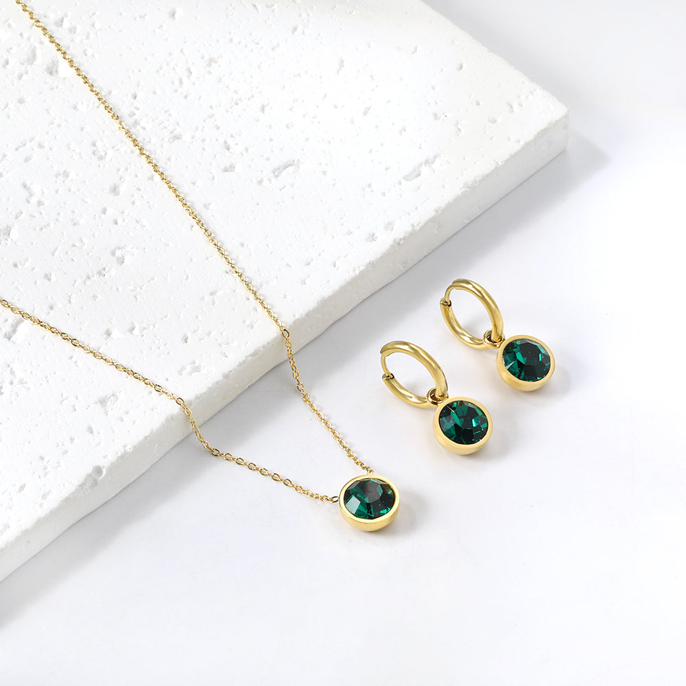 Round with White Pearls & White Diamonds & Purple Diamonds & Blue Diamonds & Green Diamonds Jewelry Set Steel/Golden asonjewelry