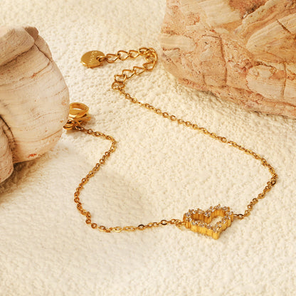 11.2*10mm Skeletonized Heart CNC White Zirconia Circle Accessories Bracelet 17+3cm+6mm Round Tail Plate Steel Color / Gold asonjewelry