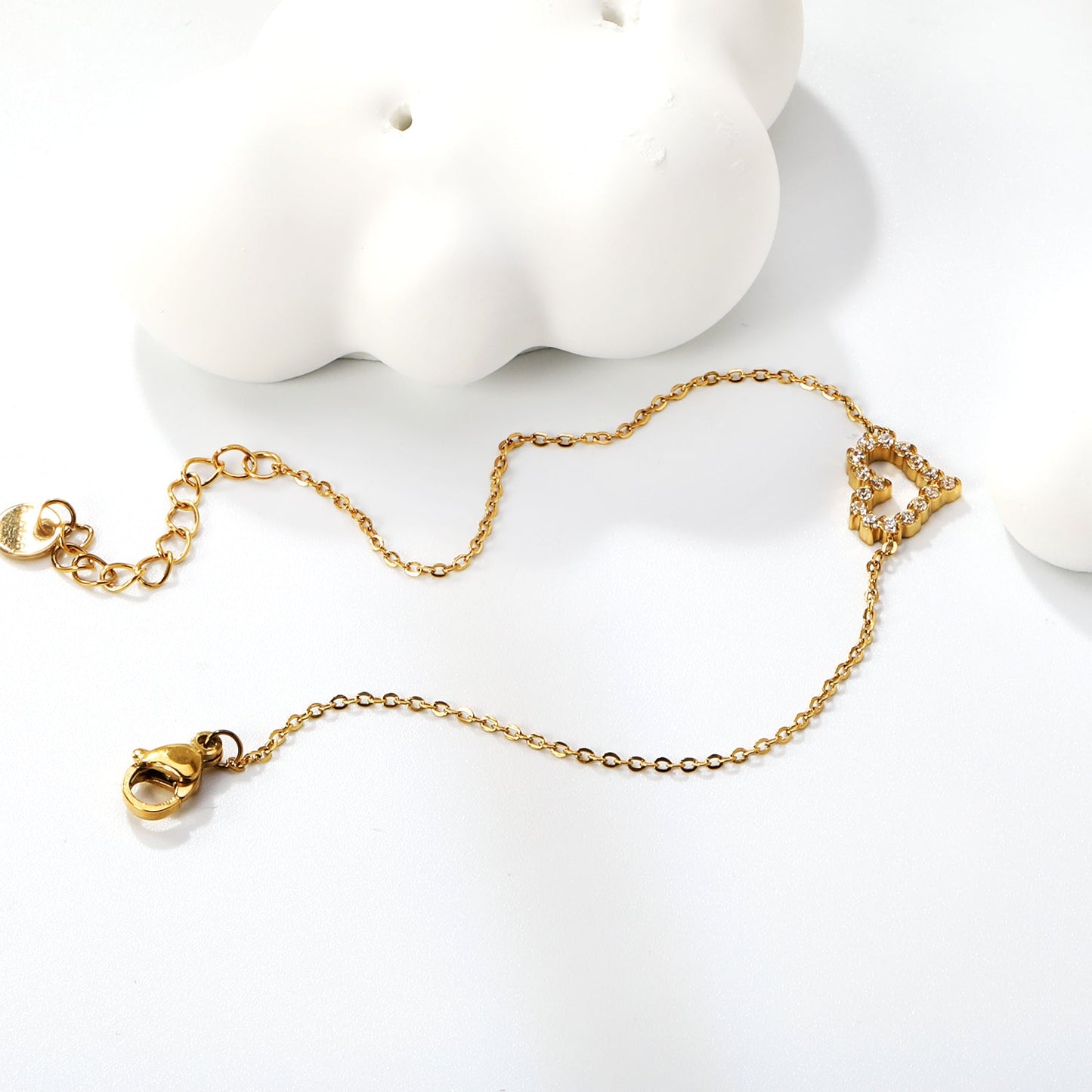 11.2*10mm Skeletonized Heart CNC White Zirconia Circle Accessories Bracelet 17+3cm+6mm Round Tail Plate Steel Color / Gold asonjewelry