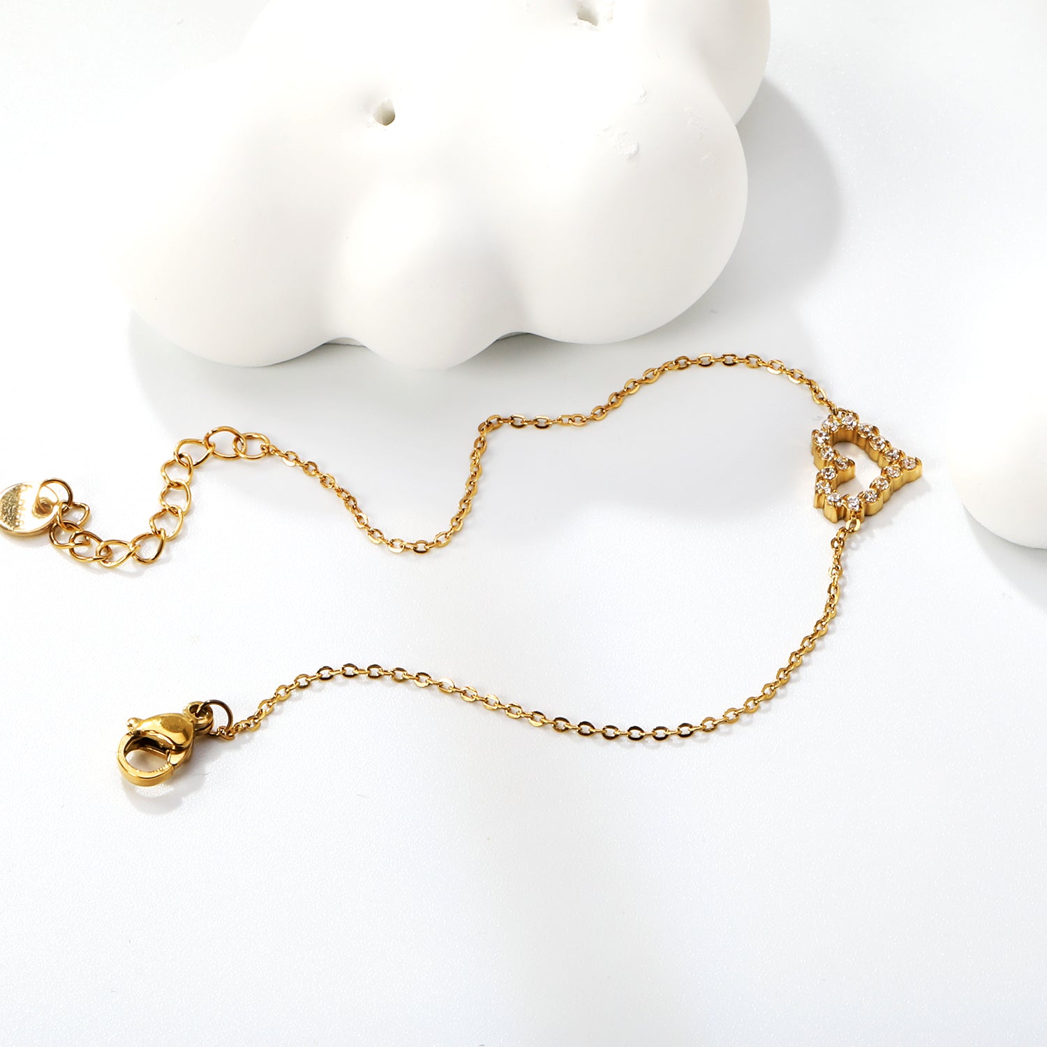 11.2*10mm Skeletonized Heart CNC White Zirconia Circle Accessories Bracelet 17+3cm+6mm Round Tail Plate Steel Color / Gold asonjewelry