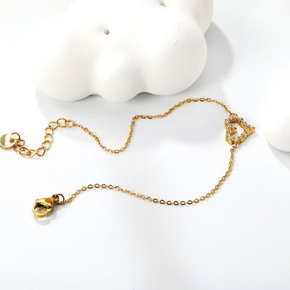 11.2*10mm Skeletonized Heart CNC White Zirconia Circle Accessories Bracelet 17+3cm+6mm Round Tail Plate Steel Color / Gold asonjewelry