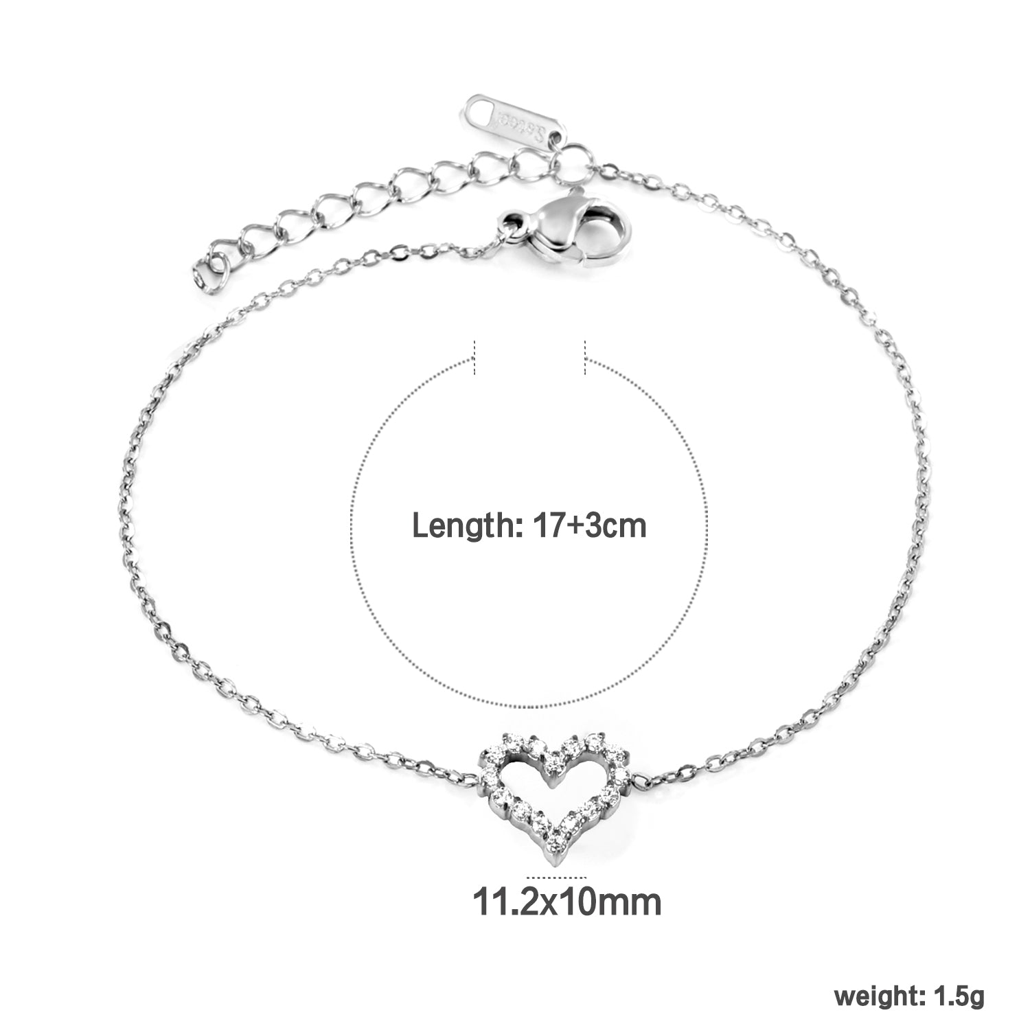 11.2*10mm Skeletonized Heart CNC White Zirconia Circle Accessories Bracelet 17+3cm+6mm Round Tail Plate Steel Color / Gold asonjewelry