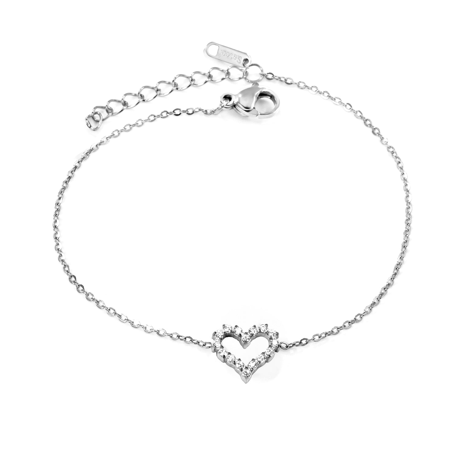 11.2*10mm Skeletonized Heart CNC White Zirconia Circle Accessories Bracelet 17+3cm+6mm Round Tail Plate Steel Color / Gold asonjewelry