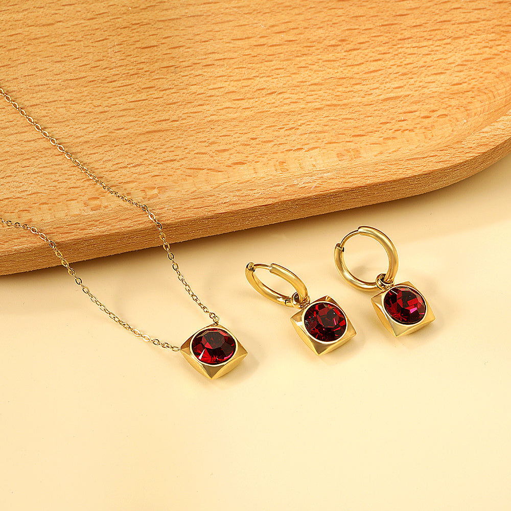 Square with White Pearls & White Diamonds & Red Diamonds & Blue Diamonds & Kong Blue Diamonds Jewelry Set Steel / Gold asonjewelry