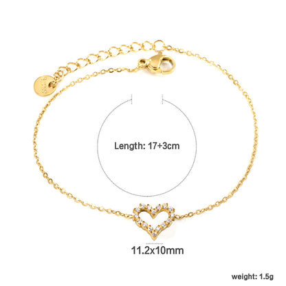11.2*10mm Skeletonized Heart CNC White Zirconia Circle Accessories Bracelet 17+3cm+6mm Round Tail Plate Steel Color / Gold asonjewelry