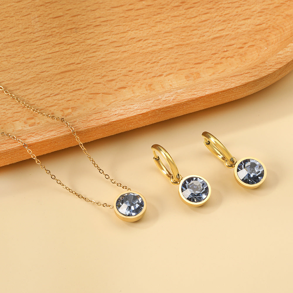 Round with White Pearls & White Diamonds & Purple Diamonds & Blue Diamonds & Green Diamonds Jewelry Set Steel/Golden asonjewelry