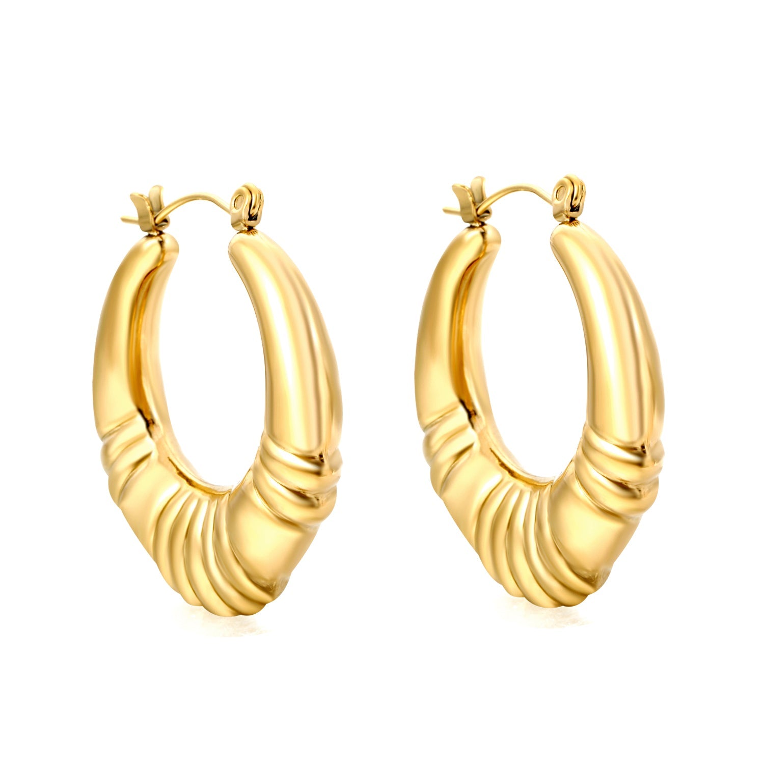 Hollow fat oval three-section striped gold-colored ear clips 30.4mm asonjewelry