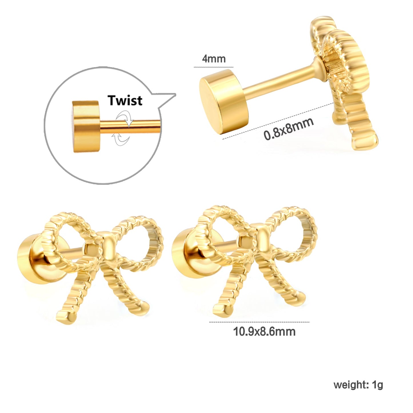 Screw plug 0.8*8mm pin + 10.9*8.6mm bow earrings Gold color asonjewelry