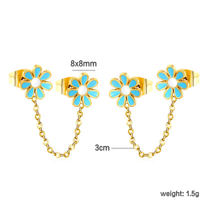 ¡°8mm six petal flower white/blue oil drops +03 cross chain 30mm accessories earrings gold color¡± asonjewelry
