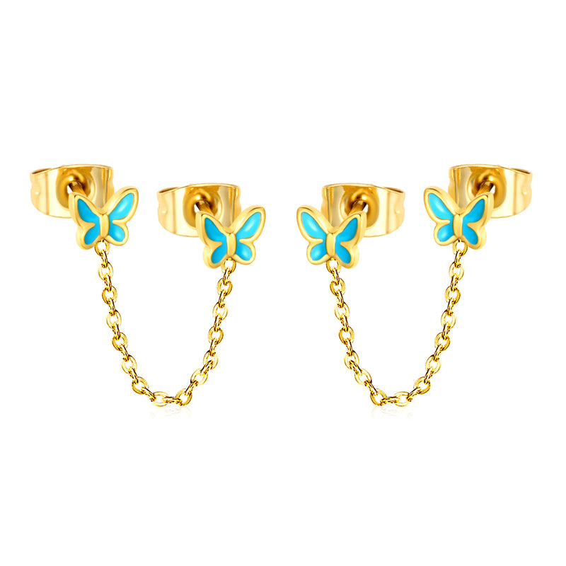 5.4*4.6mm Butterfly with Light Blue Drip Oil+03 Cross Chain 30mm Accessories Earrings Gold color