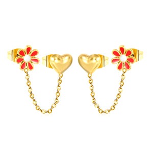 8mm Safflower+6.4*7mm Heart+03 Cross Chain 30mm Accessories Earrings Gold color