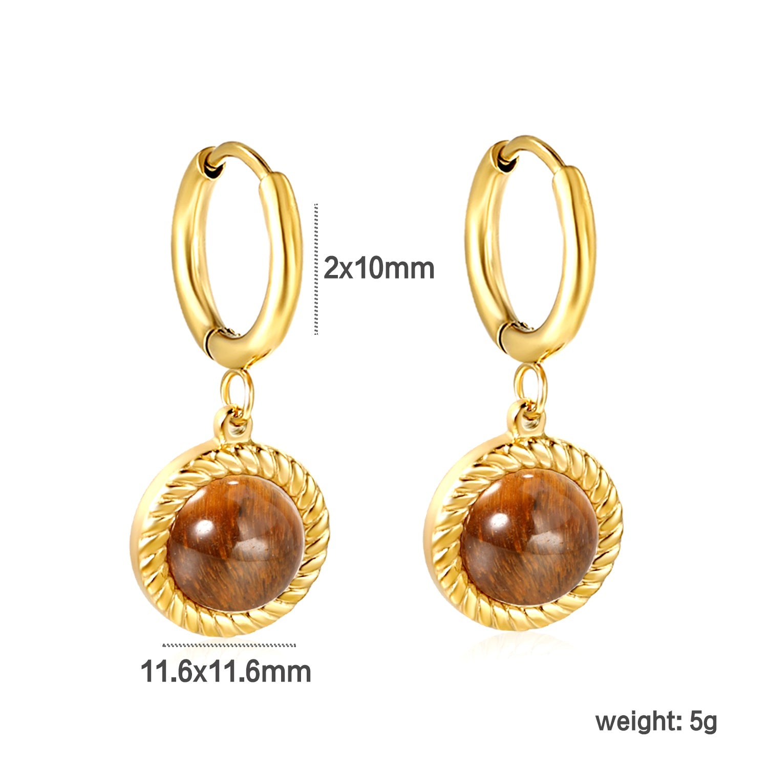 2*10mm I.D. earrings+11.6mm round twisted edge with half tiger's eye/half white pearl earrings gold/steel color asonjewelry