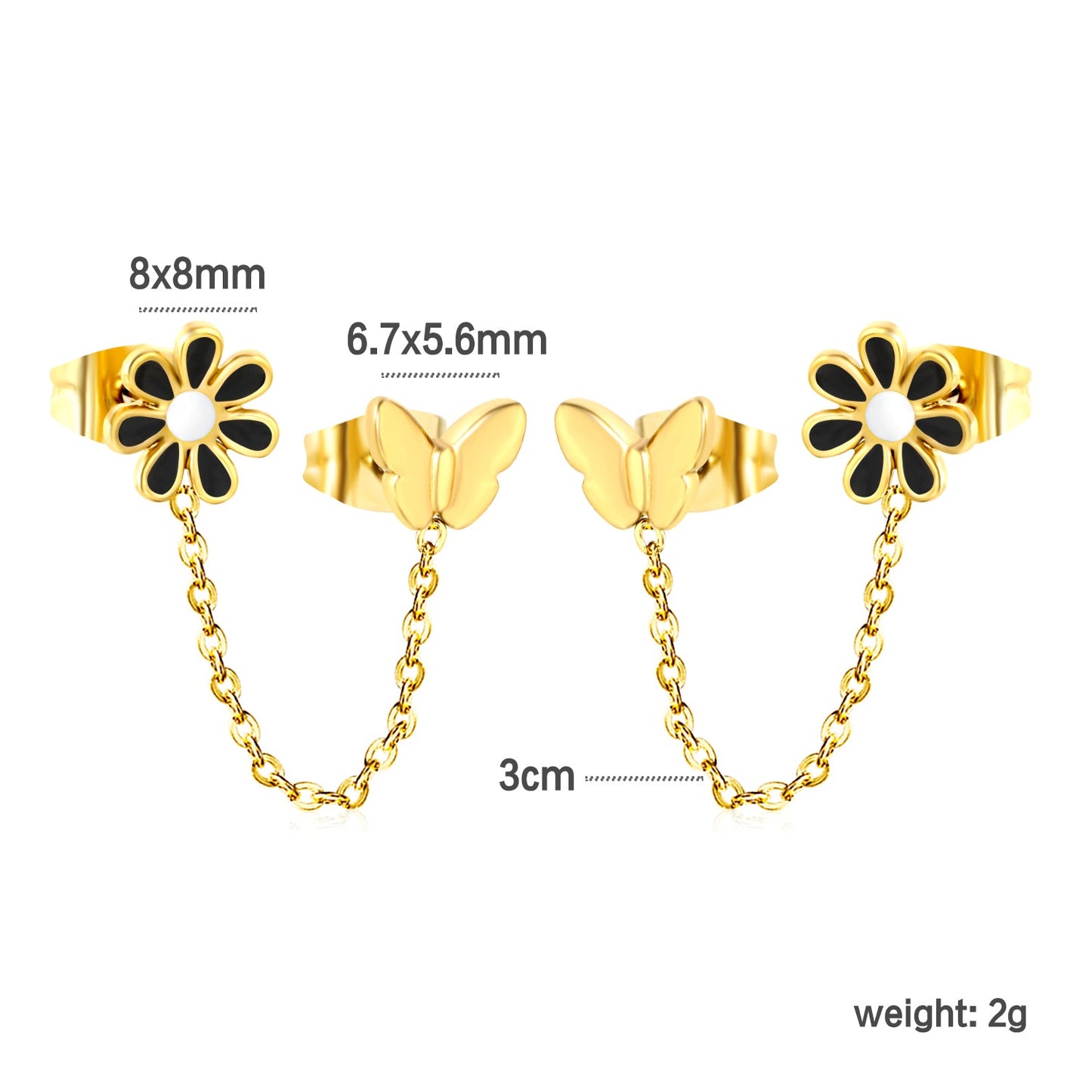 8mm black flower + 6.7*5.6mm butterfly + 03 cross chain 30mm accessories earrings gold color asonjewelry