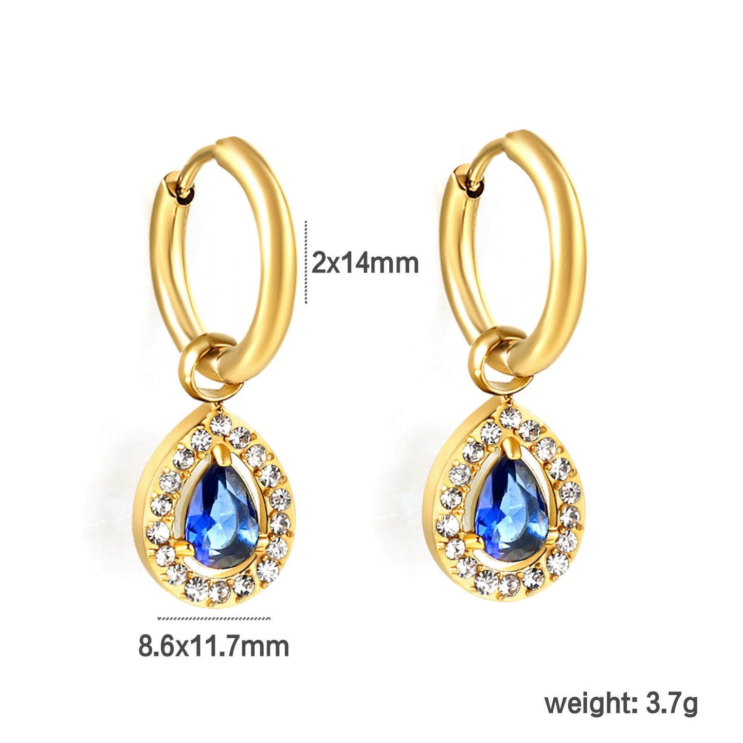 Wire 2*O.D. 14mm earrings + 8.6*10.8mm drop-shaped white zirconia/emerald green glass + CNC drilling white zirconium hoop fittings Gold color asonjewelry