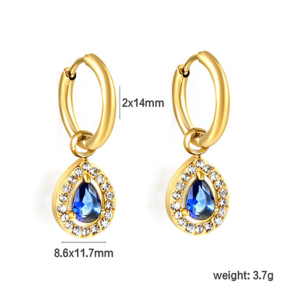 Wire 2*O.D. 14mm earrings + 8.6*10.8mm drop-shaped white zirconia/emerald green glass + CNC drilling white zirconium hoop fittings Gold color asonjewelry