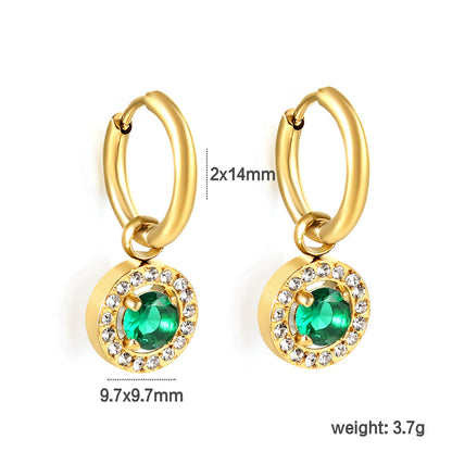 Wire 2*14mm O.D. earrings + 9.7mm round pink zirconia/emerald green glass + CNC drilling white zirconium hoop fittings Gold color asonjewelry