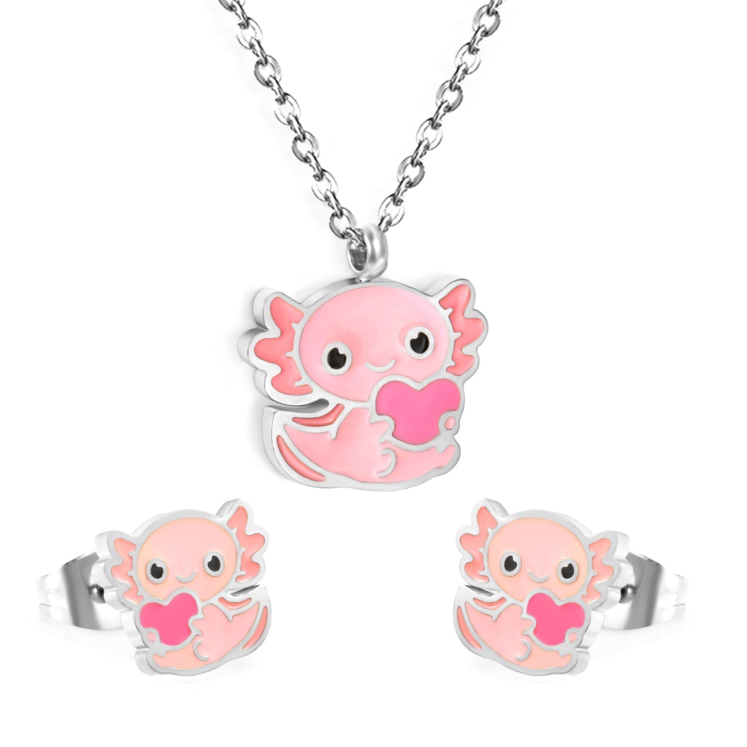 Little Monster Set Steel Color Earrings:10*8.5mm Pendant:12*10mm0.3 Cross Chain*40+5cm+6mm Round Plaque asonjewelry