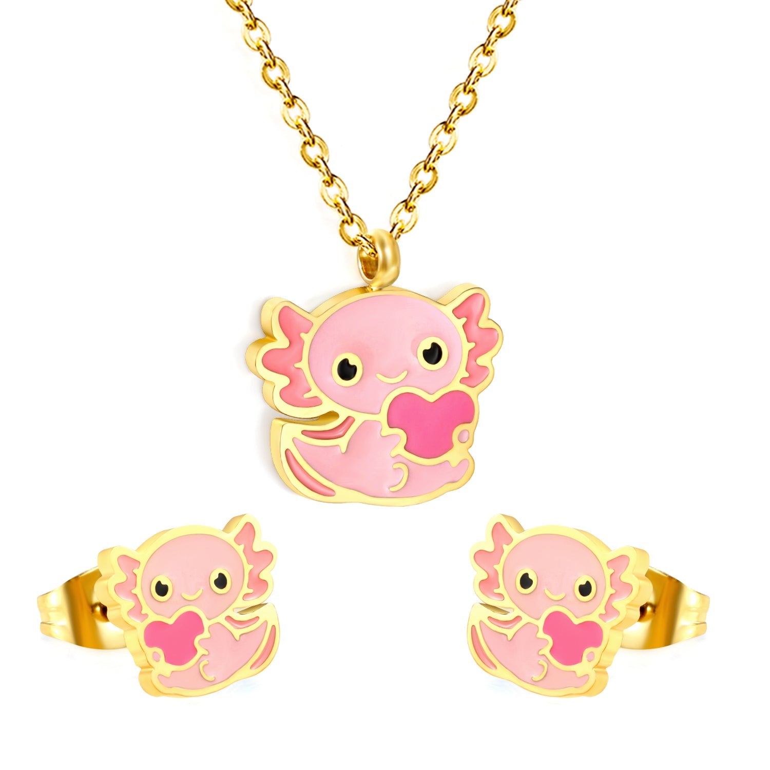 Little Monster Set Steel Color Earrings:10*8.5mm Pendant:12*10mm0.3 Cross Chain*40+5cm+6mm Round Plaque asonjewelry