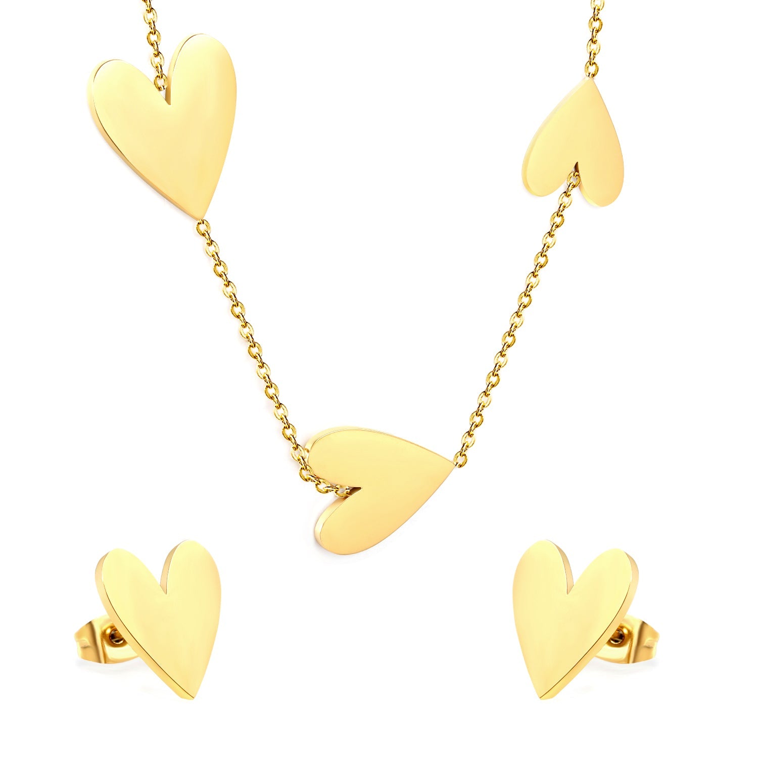 Peach heart set Gold-colored earrings:1.2*12*15mm Pendant:10*12+12*15+13*17mm 0.3 Cross chain*40+5cm+6mm round plaque asonjewelry