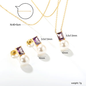Rectangular purple zirconia + pearl earrings Rectangular purple zirconia + pearl earrings Pendant: Rectangular purple zirconia + pearl pendant