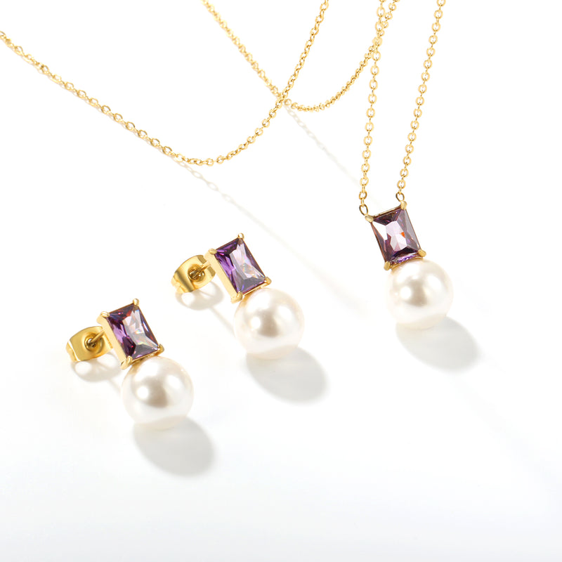 Rectangular purple zirconia + pearl earrings Rectangular purple zirconia + pearl earrings Pendant: Rectangular purple zirconia + pearl pendant