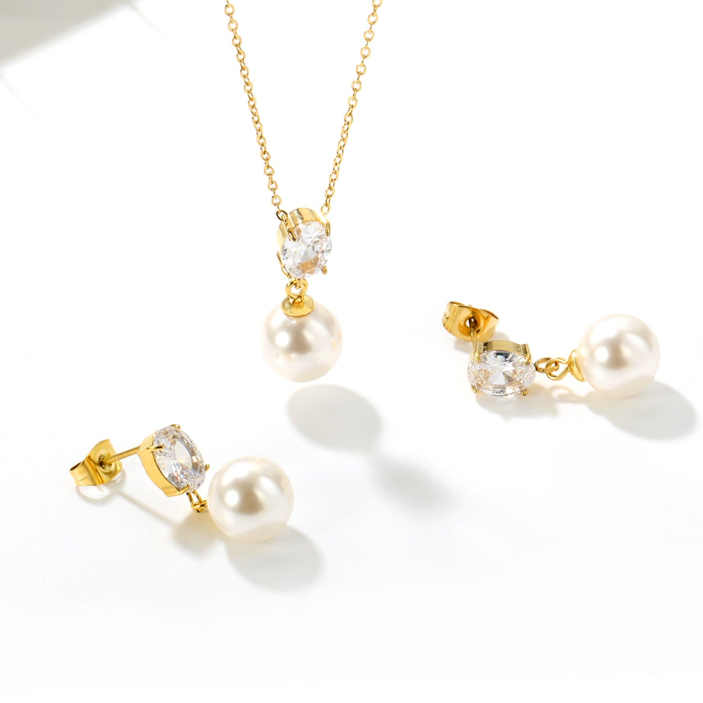 Oval White Zirconia + Pearl Set, Gold, Ear Studs: 6x8mm Oval White Zirconia + Pearl Earrings 10mm, Pendant: 6x8mm Oval White Zirconia + Pearl Pendant 10mm, 0.3mm Cross Chain 40+5cm + 6mm Round Pendant asonjewelry