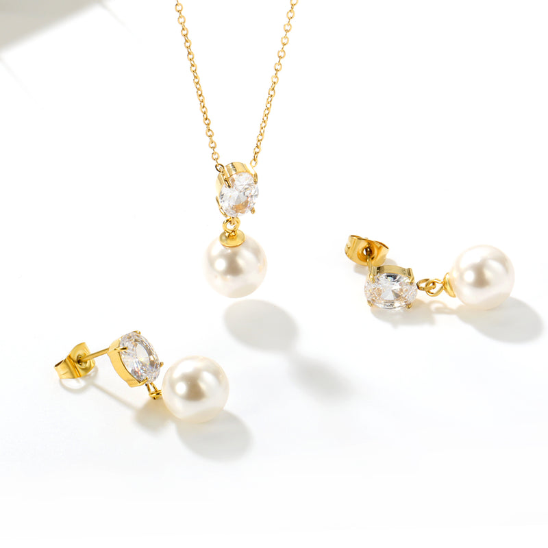 Oval White Zirconia + Pearl Set, Gold, Ear Studs: 6x8mm Oval White Zirconia + Pearl Earrings 10mm, Pendant: 6x8mm Oval White Zirconia + Pearl Pendant 10mm, 0.3mm Cross Chain 40+5cm + 6mm Round Pendant