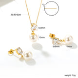 Oval White Zirconia + Pearl Set, Gold, Ear Studs: 6x8mm Oval White Zirconia + Pearl Earrings 10mm, Pendant: 6x8mm Oval White Zirconia + Pearl Pendant 10mm, 0.3mm Cross Chain 40+5cm + 6mm Round Pendant