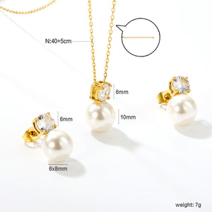 Round White Zirconia + Pearl Set Gold Earrings: 6mm Round White Zirconia + Pearl Earrings 10mm Pendant: 6mm Round White Zirconia + Pearl Pendant 10mm 0.3mm Cross Chain 40+5cm + 6mm Round Pendant