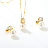Round White Zirconia + Pearl Set Gold Earrings: 6mm Round White Zirconia + Pearl Earrings 10mm Pendant: 6mm Round White Zirconia + Pearl Pendant 10mm 0.3mm Cross Chain 40+5cm + 6mm Round Pendant