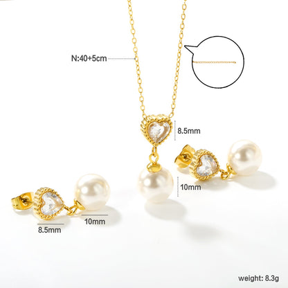 Heart-Shaped White Zirconia + Pearl Set Gold Ear Studs: 8.5mm Heart-Shaped White Zirconia + Pearl Earrings 10mm Pendant: 8.5mm Heart-Shaped White Zirconia + Pearl Pendant 10mm 0.3 Cross Chain 40+5cm+6mm Round Pendant asonjewelry