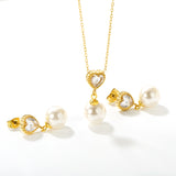 Heart-Shaped White Zirconia + Pearl Set Gold Ear Studs: 8.5mm Heart-Shaped White Zirconia + Pearl Earrings 10mm Pendant: 8.5mm Heart-Shaped White Zirconia + Pearl Pendant 10mm 0.3 Cross Chain 40+5cm+6mm Round Pendant