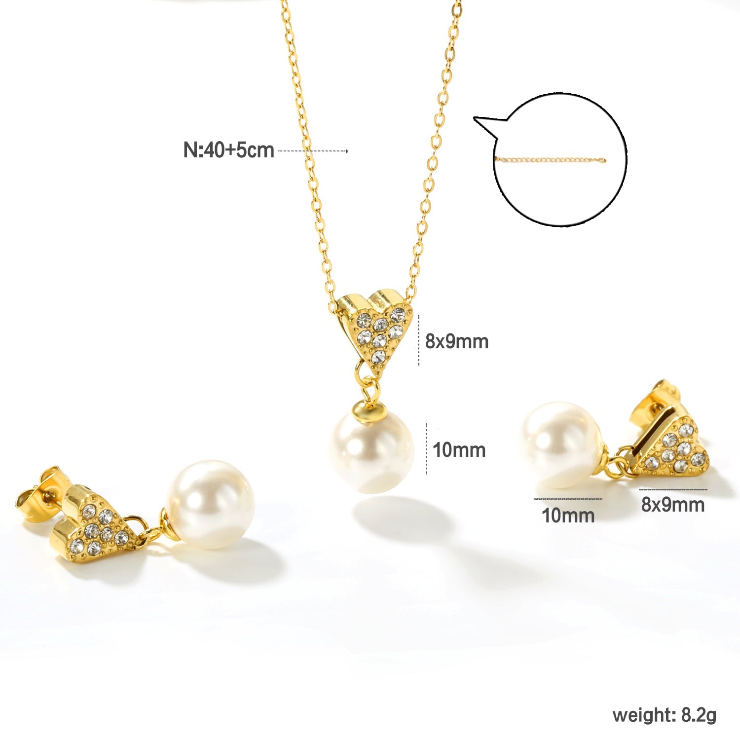 Heart-shaped white diamond + pearl set, gold. Ear studs: 8x9mm heart-shaped white diamond + 10mm pearl earring. Pendant: 8x9mm heart-shaped white diamond + 10mm pearl pendant. 0.3 cross chain 40+5cm + 6mm round pendant. asonjewelry