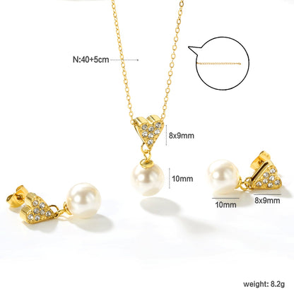 Heart-shaped white diamond + pearl set, gold. Ear studs: 8x9mm heart-shaped white diamond + 10mm pearl earring. Pendant: 8x9mm heart-shaped white diamond + 10mm pearl pendant. 0.3 cross chain 40+5cm + 6mm round pendant. asonjewelry