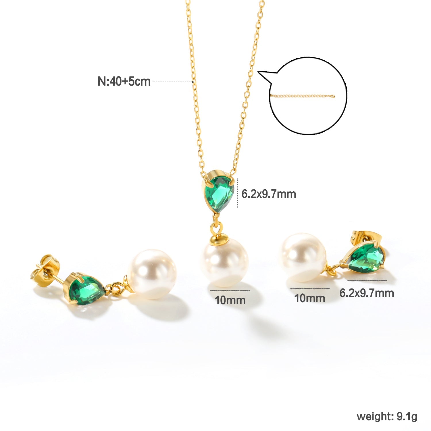 Teardrop-shaped white/pink/emerald zirconia + pearl-set gold stud earrings: Teardrop-shaped white zirconia + pearl stud earrings Pendant: Teardrop-shaped white zirconia + pearl pendant asonjewelry